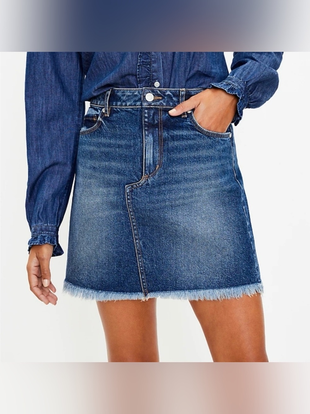 Loft Fringe Raw Hem Denim Mini Skirt Blue 4P 4 Petite Casual Preppy Boho